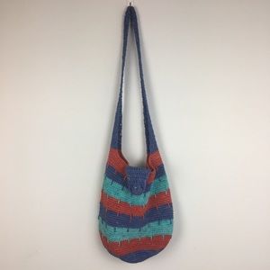 Vintage Boho Crochet Purse Sak Bag Red Blue Turquoise Striped Colorful Festival